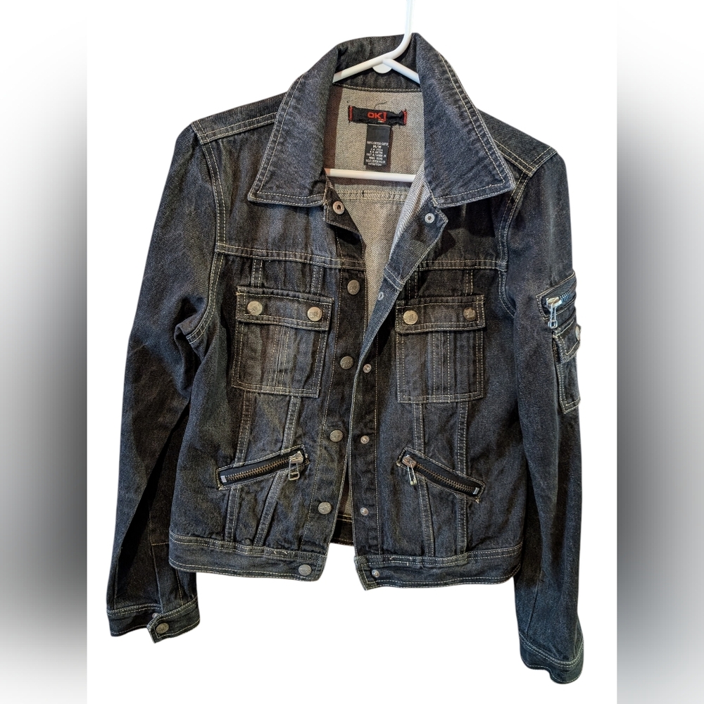 Dark Denim Jacket with Zipper Details